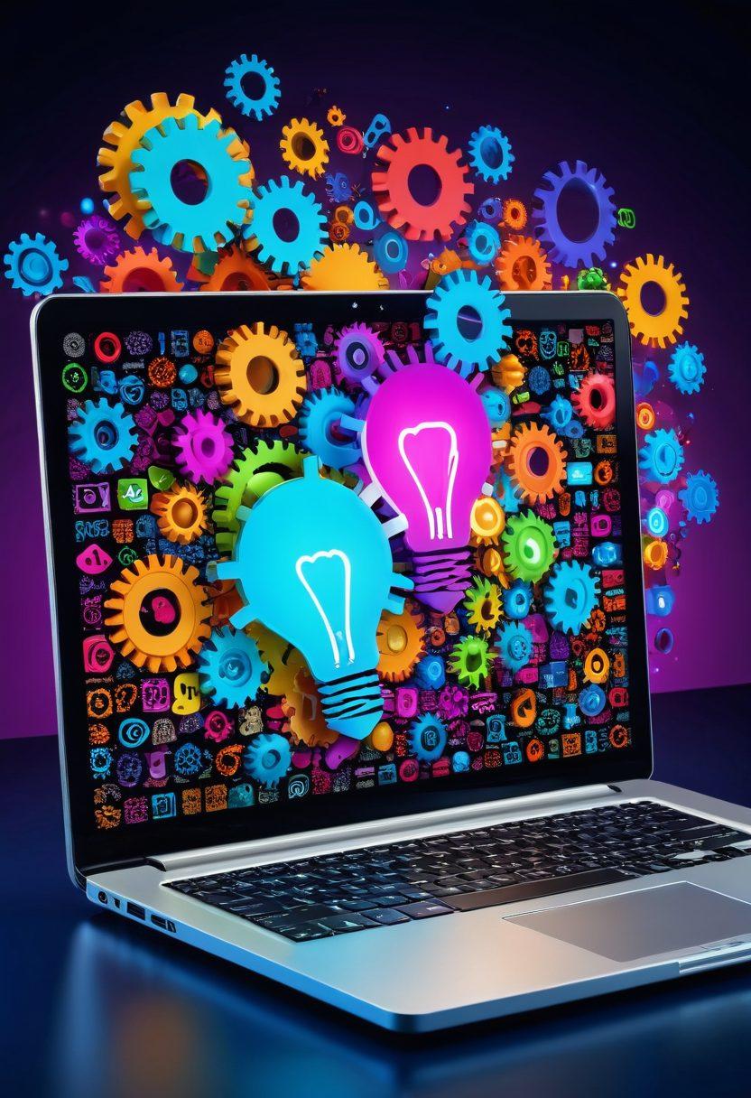 A visually captivating open laptop with a glowing blog interface, surrounded by a whirlwind of colorful icons representing tips and tools for blogging. Include gears symbolizing strategy and a lightbulb for creativity. The background hints at a digital landscape with vibrant colors and a sense of movement, conveying the dynamic nature of the blogosphere. super-realistic. vibrant colors. 3D.