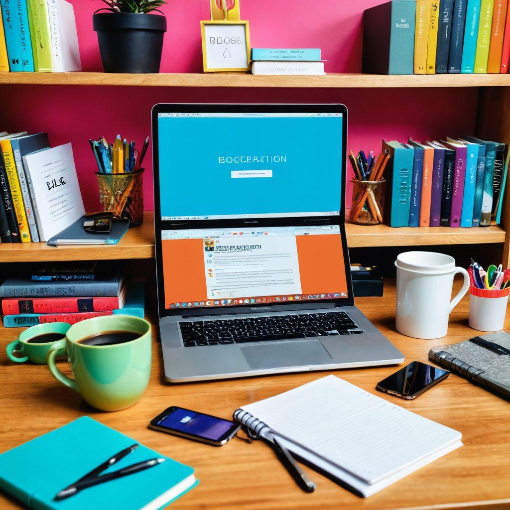 An organized desk setup featuring a laptop displaying a vibrant blog interface, surrounded by essential blogging tools like a notebook, pens, a smartphone with social media apps open, and a coffee cup. In the background, shelves filled with books on content creation and strategy. Bright, inspiring colors to convey creativity and productivity. super-realistic. vibrant colors. bright background.