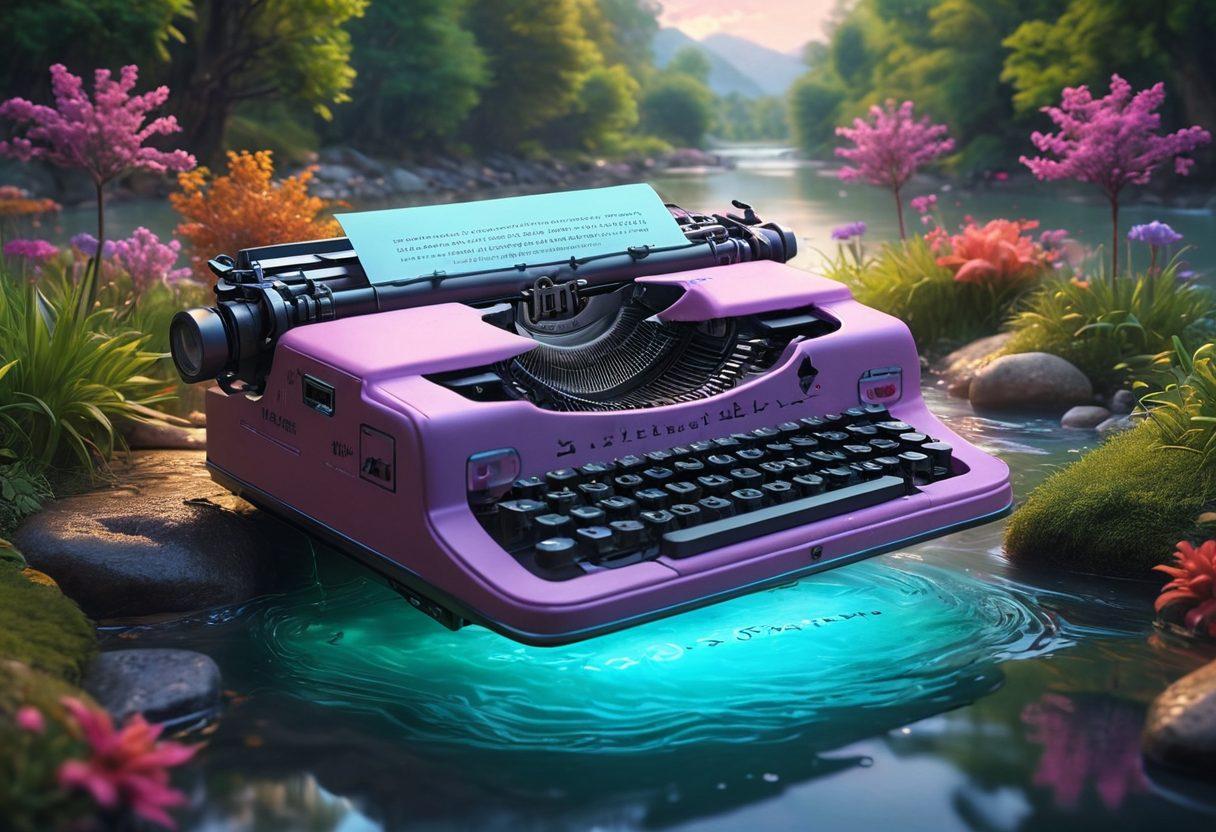 A vibrant digital landscape with a glowing typewriter morphing into a flowing river of words, symbolizing the journey of storytelling. Add floating mystical symbols and characters emerging from the text, showcasing creativity and imagination. The background should feature a blend of soft pastel colors transitioning into deeper hues, creating a magical atmosphere. super-realistic. vibrant colors. 3D.